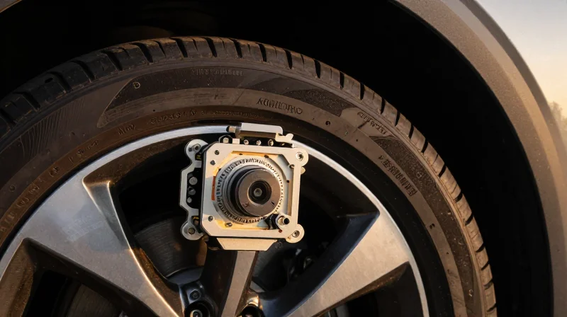The Unique Challenges of TPMS Module Design A close-up view of an automotive TPMS sensor module mounted inside a car tire, depicting durability in a high-stress environment.