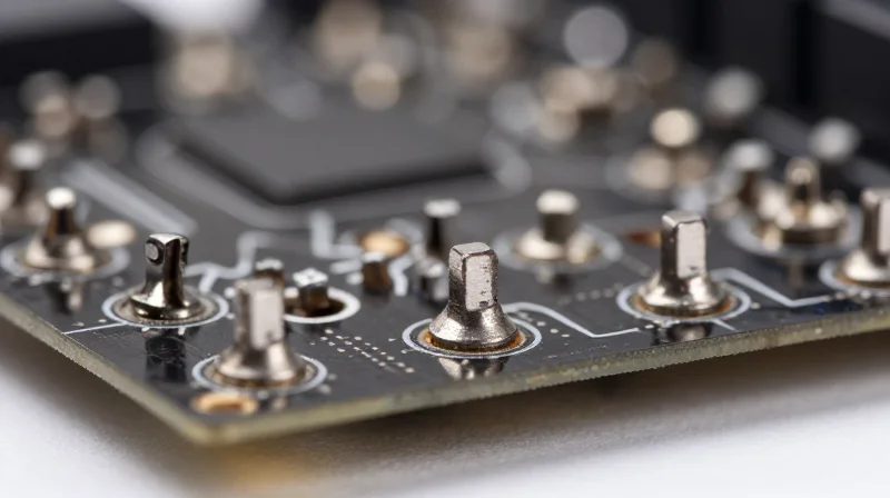Component Placement and Solder Joint Fatigue Mitigation Close-up macro photography of high-quality solder joints on an automotive PCB.