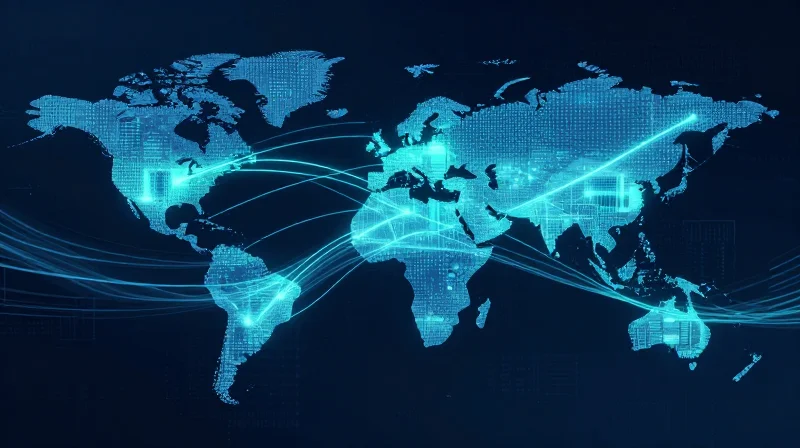 Supply Chain Transparency and Risk Management Abstract representation of interconnected global supply chain nodes for high-tech manufacturing