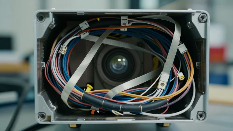 The Hidden Costs of Traditional Interconnects in LiDAR A complex array of messy, tangled wires and cables inside a high-tech LiDAR sensor chassis, representing system vulnerability.