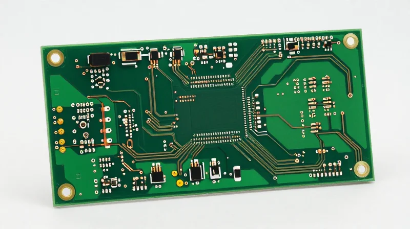 Anatomy of a Rigid-Flex Advantage A clean, studio-lit shot of a modern, multi-layered rigid-flex PCB, showcasing smooth transitions between solid and flexible sections.