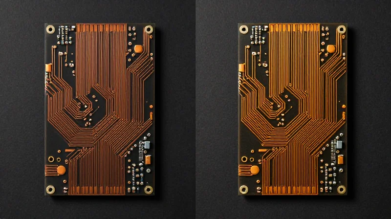 Comparison: Heavy Copper vs. Traditional PCBs Side by side comparison of a standard thin PCB and a thick heavy copper PCB