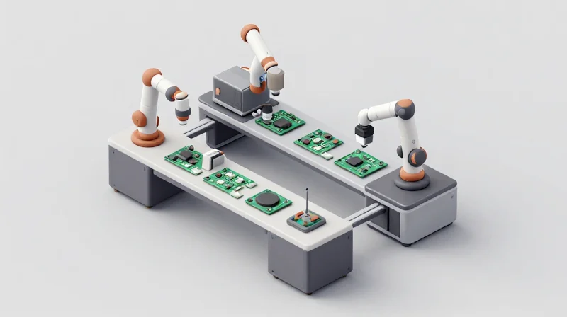 Rigorous Testing and Validation Protocols Isometric 3D illustration of automated PCB testing and validation flow