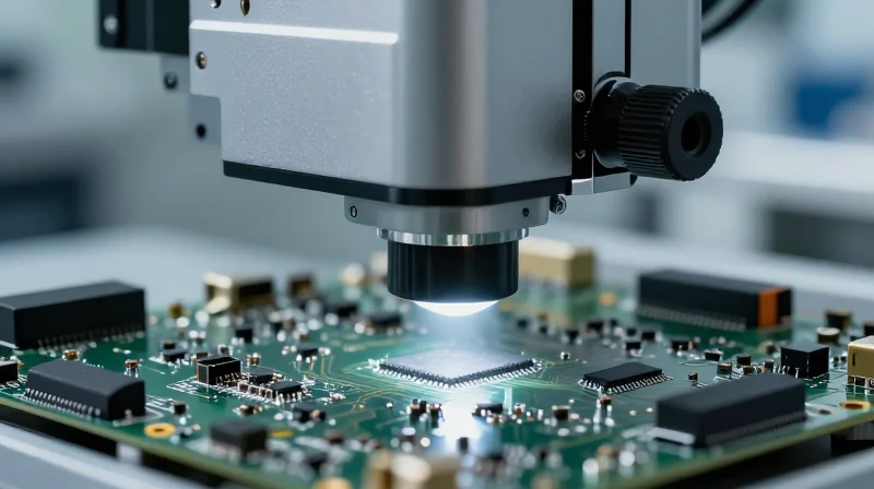 Deep Dive into Testing Protocols: AOI, AXI, and ICT A close-up view of an advanced automated optical inspection system scanning a circuit board.