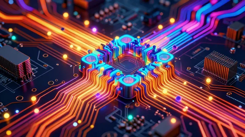 Advanced Thermal Management Techniques Visualization of heat dissipation across a PCB surface using thermal vias and heatsink interface.