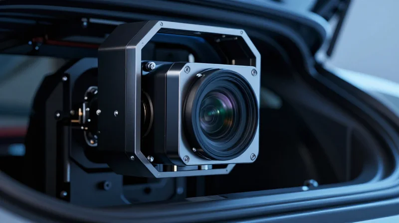 The Shift Toward Miniaturization in Modern Automotive Systems An abstract visualization of modern automotive camera sensor miniaturization inside a vehicle housing.