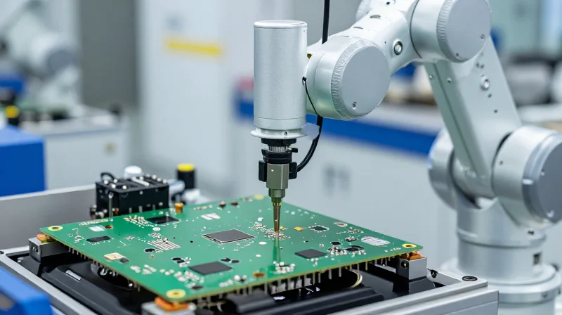 Streamlining Assembly Time for Automotive Suppliers A robotic arm placing components on a circuit board in a high-speed production line.