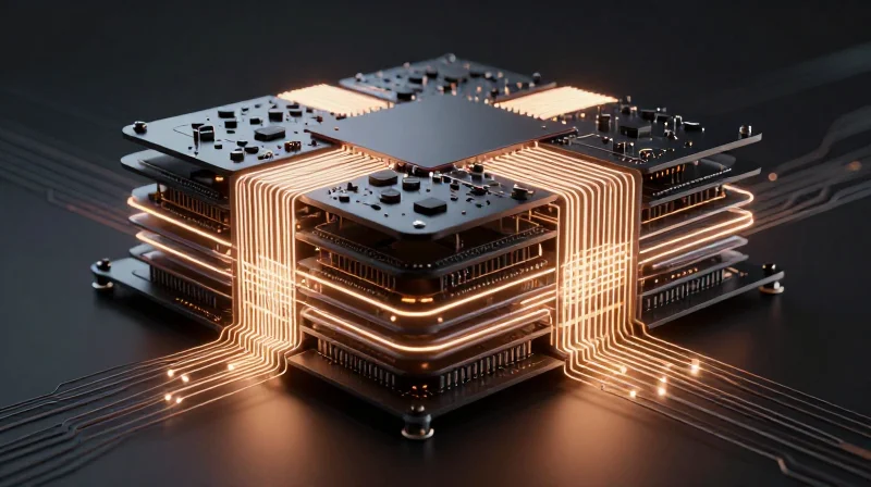 Strategic Stack-Up Configuration for High-Speed Signal Integrity Conceptual 3D visualization of a multi-layer PCB stack-up with glowing signal paths.