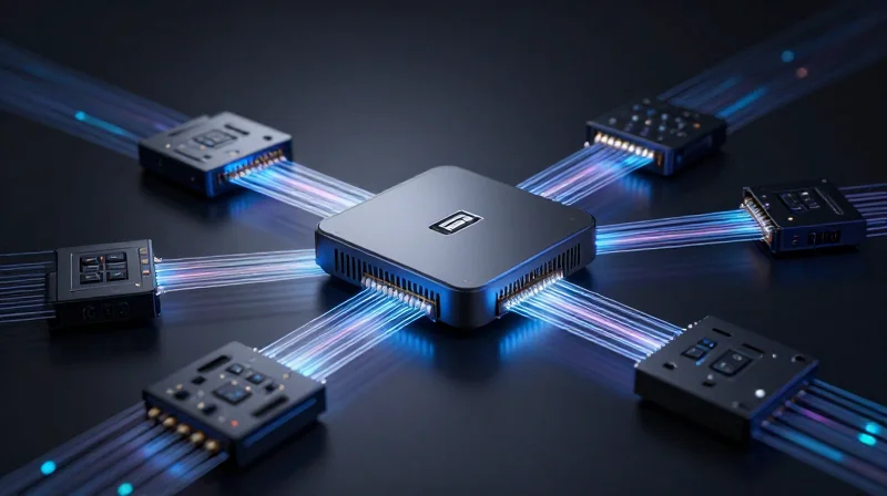 Understanding the Automotive Telematics Environment A futuristic representation of a connected vehicle gateway system hub with glowing data signals.