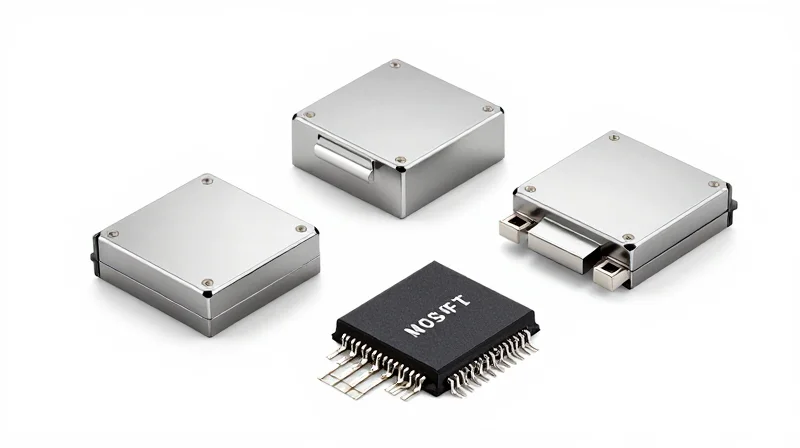 Strategic Component Selection for BOM Optimization High-efficiency MOSFETs and current sensing ICs arranged on a white background