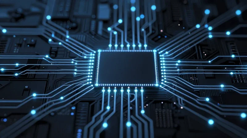 Design for Testability (DFT) Integration PCB board with highlighted test access points on an abstract background