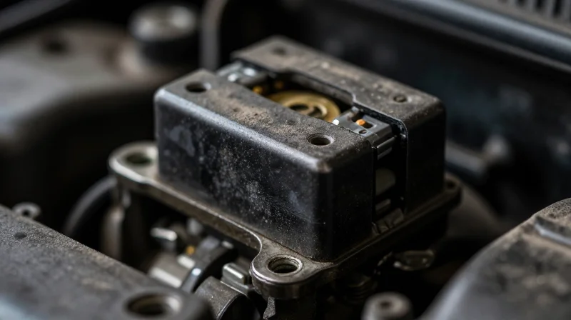 The Limitations of Traditional Relay-Based Heating An aging, rusty mechanical electrical relay with frayed wires, symbolizing outdated automotive technology.