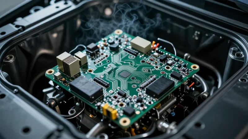 Understanding the Harsh Automotive Environment A modern transmission control unit mounted near a vehicle drivetrain with steam and heat distortion effects to represent extreme conditions.