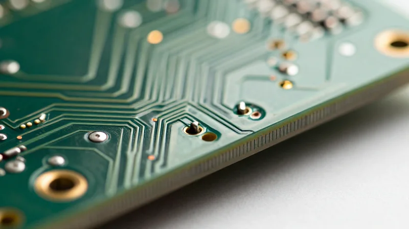 Core Material Selection: Beyond Standard FR-4 Close-up macro shot of a sophisticated high-Tg PCB substrate with intricate gold-plated copper layers, demonstrating robust material construction.