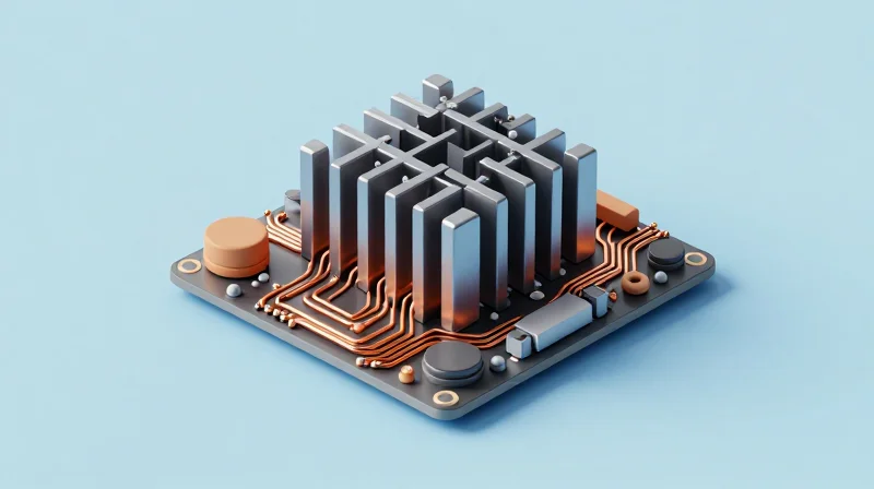 Advanced Thermal Management Strategies Isometric 3D illustration of a PCB with thermal heat sinks and integrated cooling pathways showing heat dissipation.