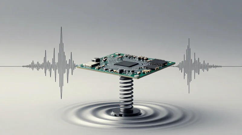 Addressing Signal Integrity in High-Vibration Zones Conceptual illustration showing a circuit board isolated from mechanical stress by suspension mounts.