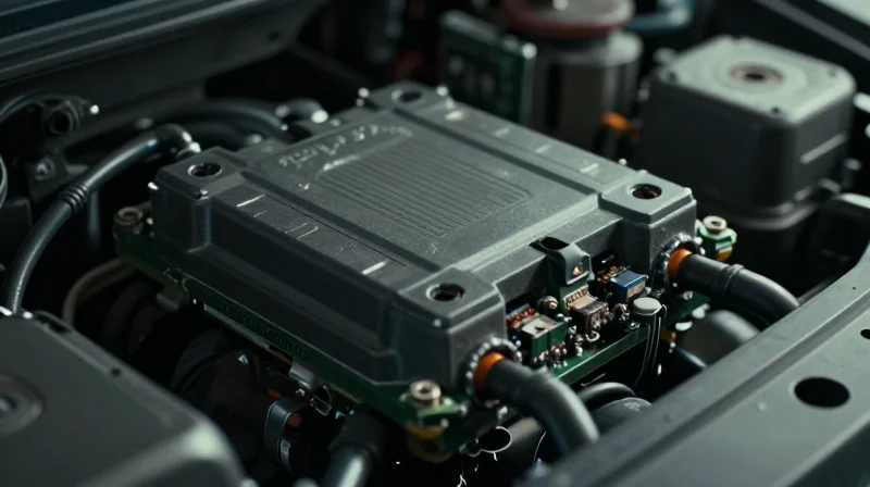 The High Cost of Automotive Field Failures A close-up of a damaged automotive electronic module in a dark, moody industrial environment.