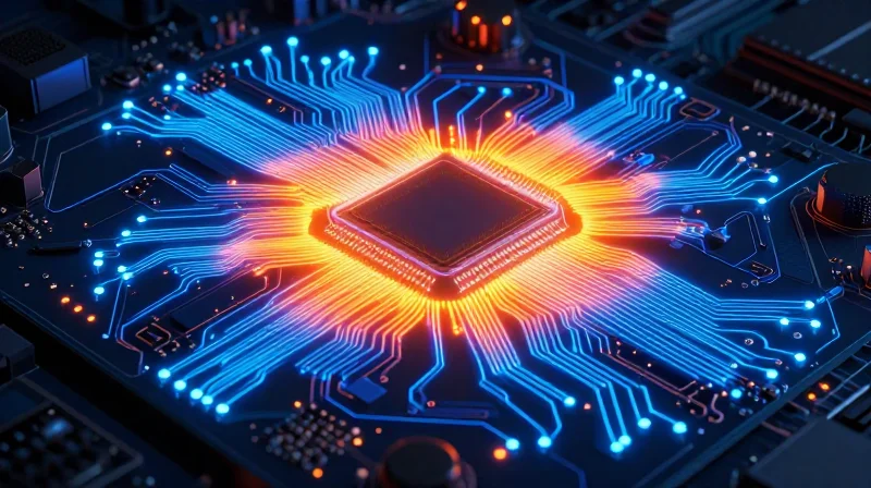 Thermal Management and Power Integrity Abstract thermal map visualization showing heat distribution on a circuit board.