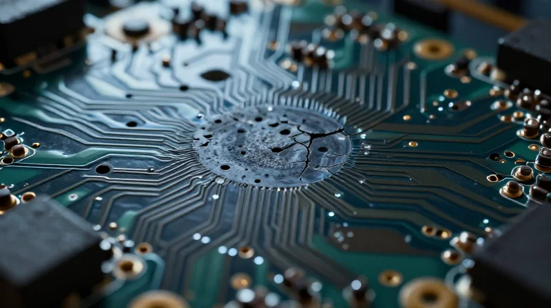 The Physics of Failure: Thermal Cycling and Vibration in TCUs A close-up representation of a printed circuit board with microscopic cracks near solder joints due to thermal stress, showing material expansion effects.