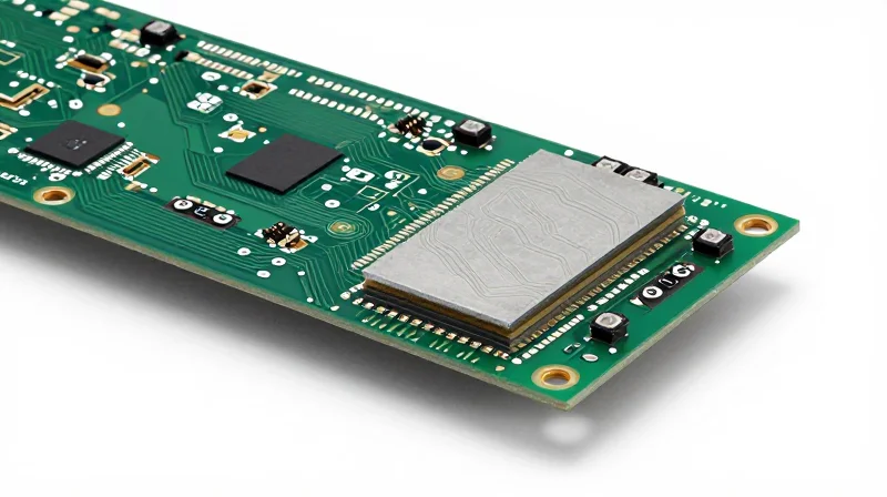 Material Selection: Beyond Standard FR-4 Close-up of a high-performance multilayer PCB stack-up with distinct texture, highlighting advanced substrate layers and metallic finishes.