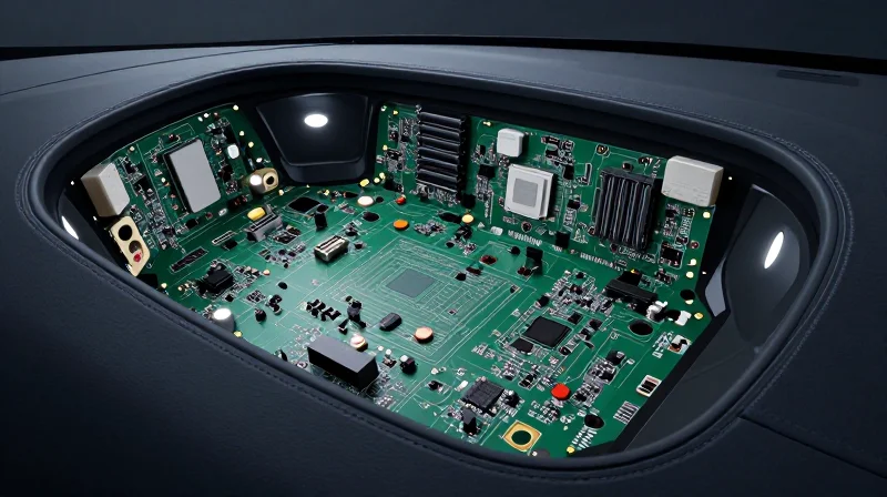 The Unique Challenges of Large-Format Display PCBs A large-format PCB board mounted in a curved automotive cockpit framework showing mechanical complexity.
