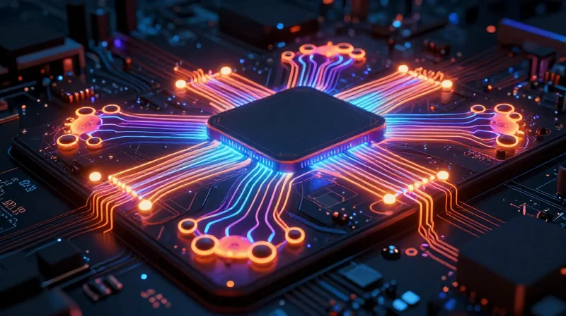 Advanced Thermal Management Strategies Conceptual visualization of thermal heat dissipation on a complex circuit board.