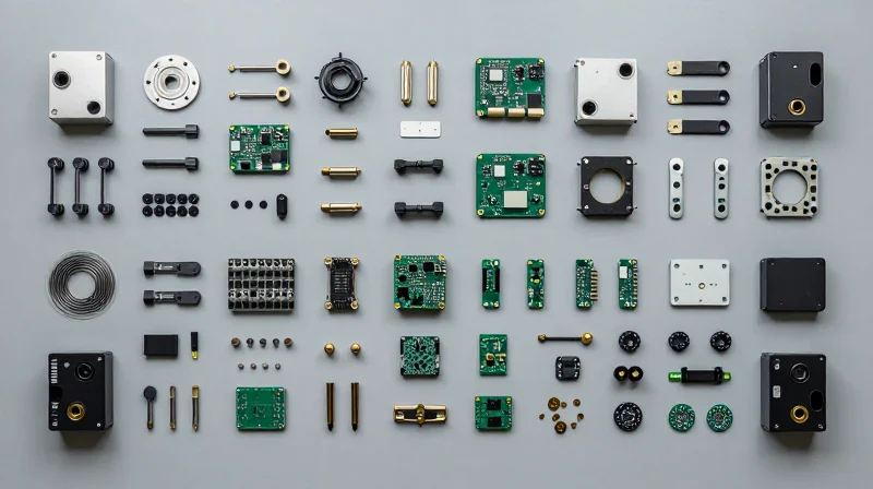 Streamlining Assembly: The Efficiency Dividend Top-down view of organized industrial assembly components on a workstation