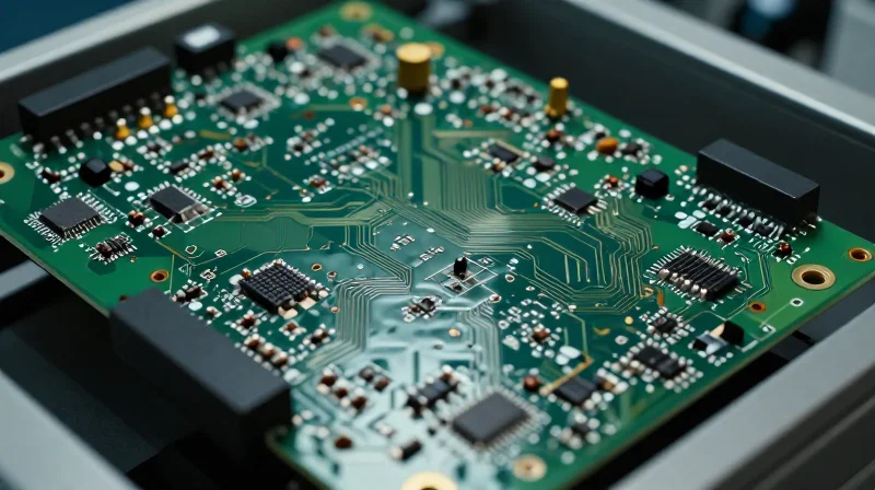 Understanding the Challenges of Large-Format PCB Assemblies A close-up of a large printed circuit board showing mechanical stress and potential warping in a high-tech laboratory setting.