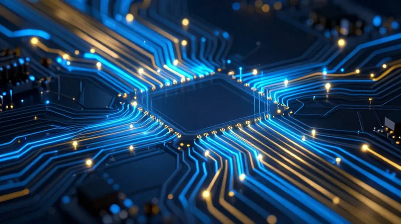 Advanced Routing Techniques for High-Speed Signal Integrity A high-tech visualization of signal paths and electrical traces moving across a PCB.