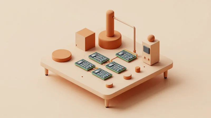 Optimizing Panelization and Fiducial Placement Isometric view of modular electronic components being arranged in a grid-like panel structure.
