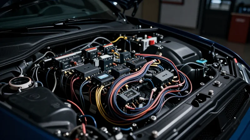 The Death of Modular: Why Legacy Architectures Struggle A complex, cluttered web of wires and multiple fragmented circuit boards showing a disorganized modular display system.