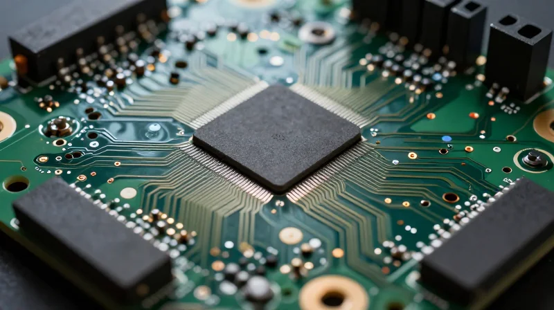 Technical Advantages of Unified Large-Format PCBs Close-up of a high-tech, unified large-format circuit board with intricate micro-vias and dense gold-plated routing lines.