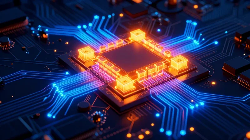 Thermal Management in High-Density Display Systems 3D visualization of a large PCB showing heat dissipation patterns with cool blue and warm orange thermal gradients.