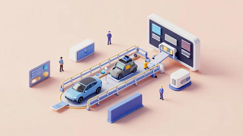 Supply Chain and Manufacturing Efficiency An isometric view of a high-tech assembly line where multiple modules are being consolidated into a single large unit.