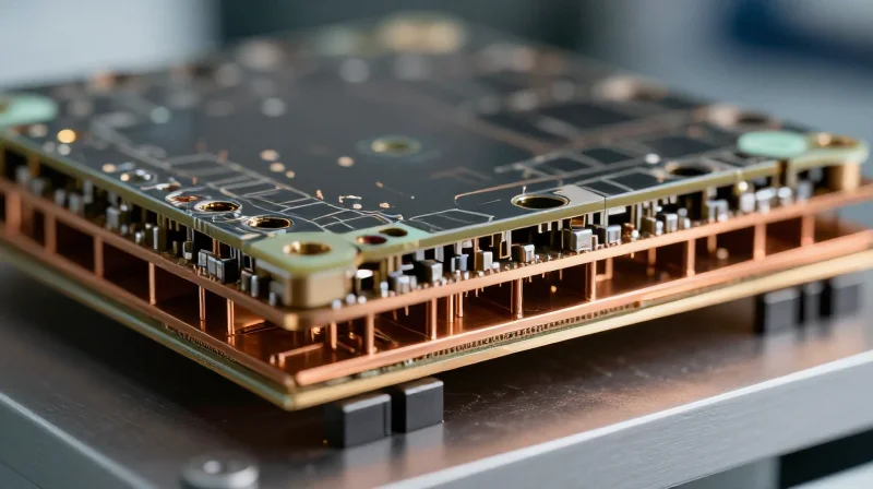 The Role of Advanced Materials and Substrates A cross-section view of a high-performance circuit laminate showing multiple conductive layers and stable dielectric materials.