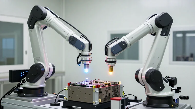 The Golden Standard: Validating IATF 16949 Certification A sterile, high-end cleanroom environment with robotic arms focusing on precision electronics assembly.