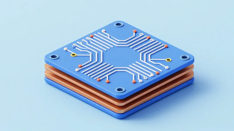 Manufacturing Capabilities: Micro-vias and Interconnect Reliability Isometric 3D model of a multi-layer PCB showing microscopic interconnects and via structures.