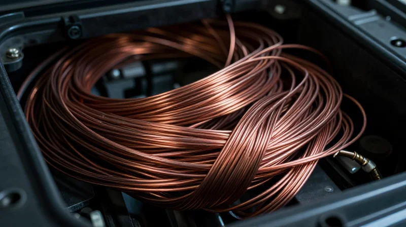 The Weight Problem: Why Traditional Harnesses Hold EVs Back A close-up view of a chaotic mess of thick copper wires inside an electric vehicle chassis