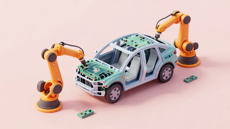 Manufacturing Efficiency: Reducing Assembly Time and Error An isometric 3D view of an automated vehicle assembly line integrating flat circuits