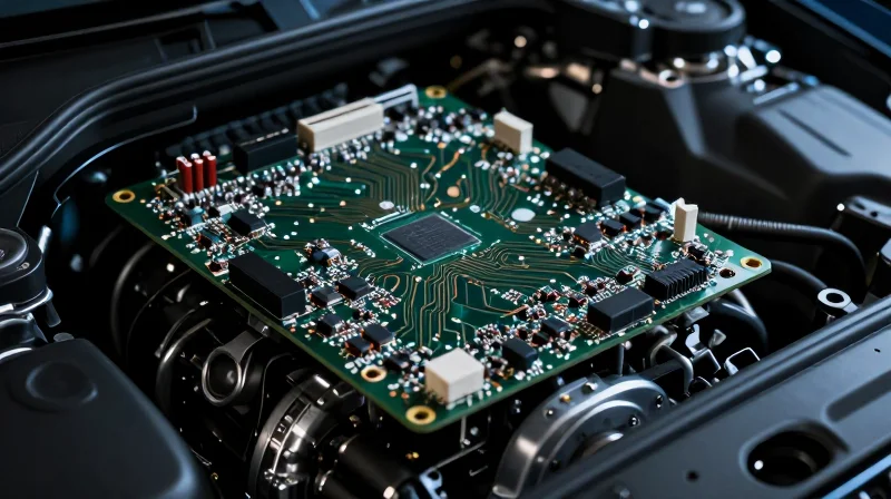 Understanding the Automotive Flex-Rigid Lifecycle A complex automotive flex-rigid PCB assembly integrated within a modern vehicle dashboard, showing durability and engineering