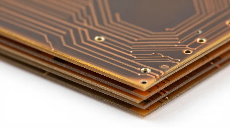 Material Selection: Balancing Flexibility and Thermal Stability Close-up of high-performance dielectric materials and copper layers in a layered flex-rigid PCB architecture