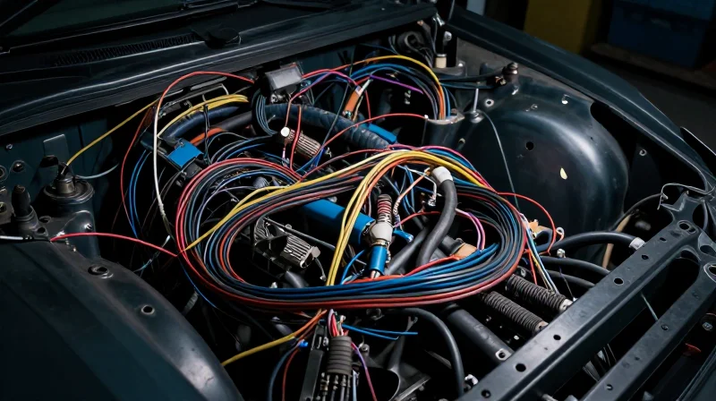 The Death of the Legacy Wiring Harness A chaotic, complex web of traditional automotive wiring harnesses in a vehicle engine bay