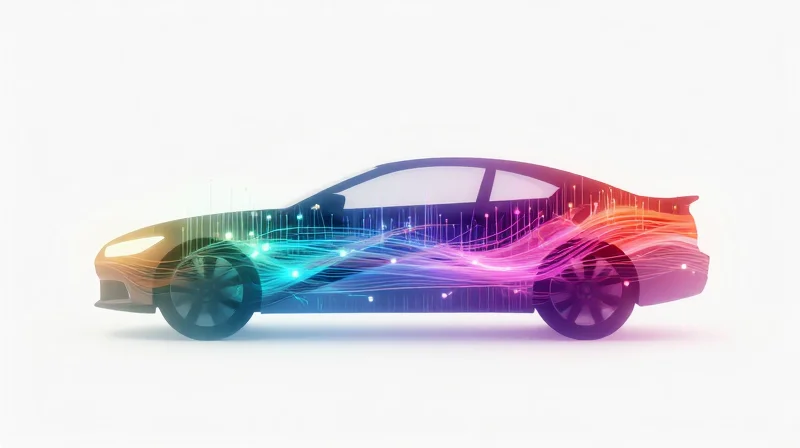 Future Outlook: The Software-Defined Vehicle An abstract conceptual visualization of a software-defined automotive system