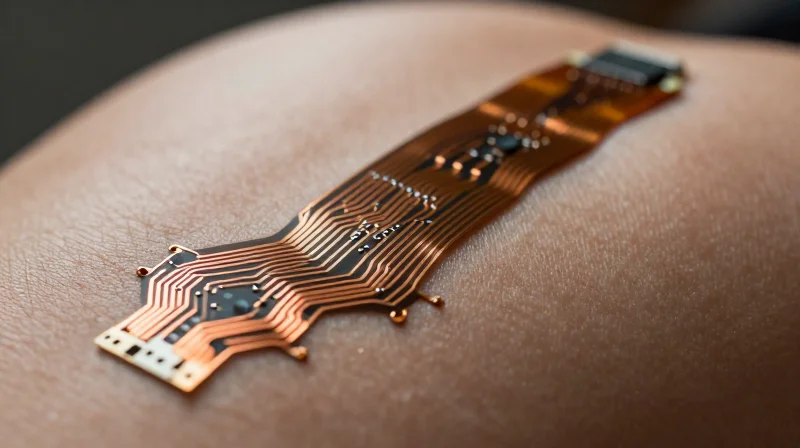 Understanding the Demands of Wearable ECG Circuits A flexible printed circuit board draped over a human forearm skin surface representing a wearable ECG monitor