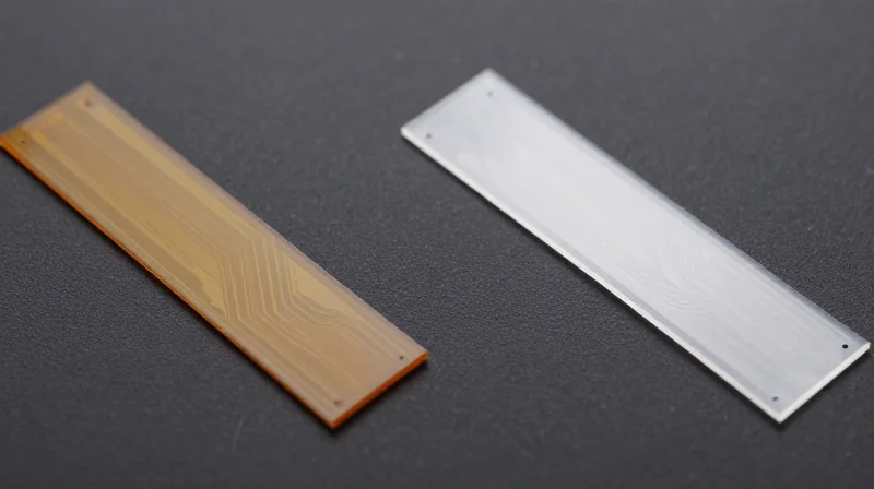 Evaluating Dielectric Materials: Polyimide vs. PET Two flexible circuit samples placed side-by-side on a dark professional studio surface to compare material properties