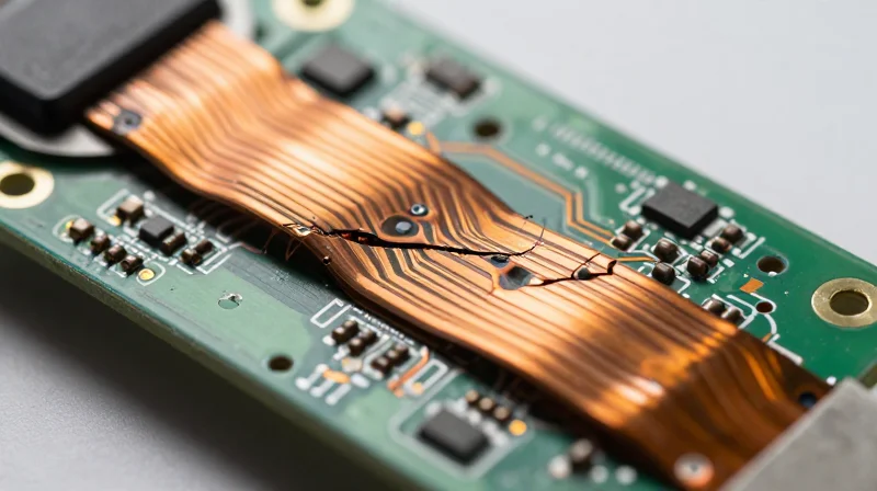 The Real Cost of Interconnect Failure in Medical Wearables A close-up of a damaged flexible circuit board inside a wearable medical monitor showing micro-cracks on the conductive traces.