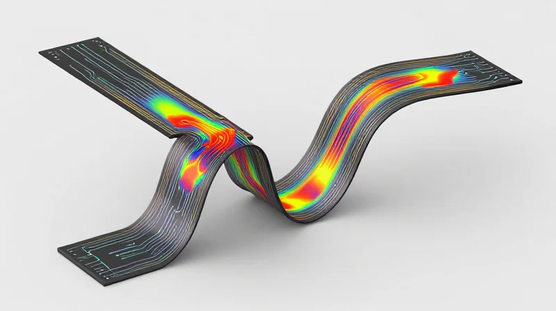Mechanical Stress and Fatigue in Wearable ECG Applications An abstract visualization of stress points and bending forces applied to a flexible circuit inside a wearable device.