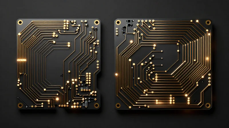 Advanced Trace Routing Strategies for Flex Circuits Comparison between sharp 90-degree trace corners and smooth arc routing on a flexible PCB.