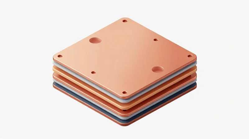 Neutral Axis Management in Multi-Layer Designs Isometric 3D model of a multi-layer flexible circuit board with symmetrical structure.