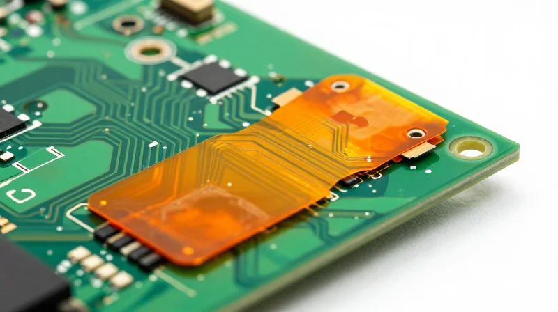 Anatomy of Rigid-Flex Architectures Close-up of a rigid-flex circuit board showing hybrid layers and connections.